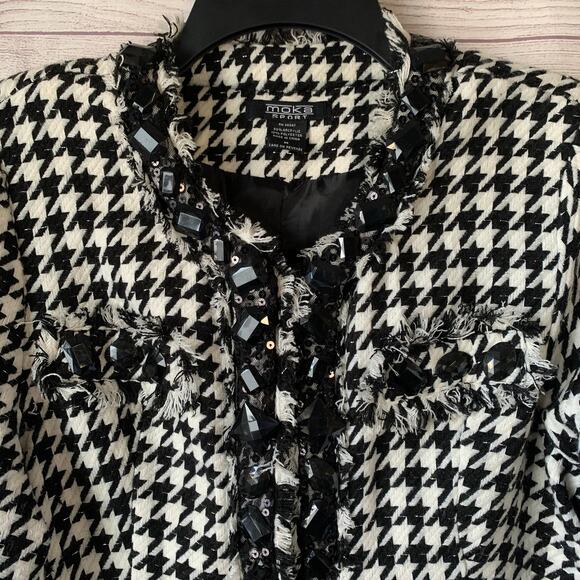 Moka Sport Black and White Houndstooth Blazer Jacket Rhinestone Fringe Size M - Picture 10 of 16